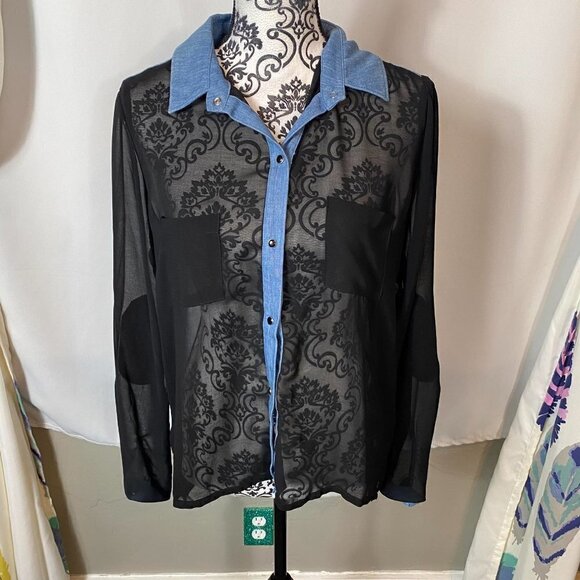Olsenboye chambray and black sheer snap up long sleeve shirt lightweight - Picture 2 of 11